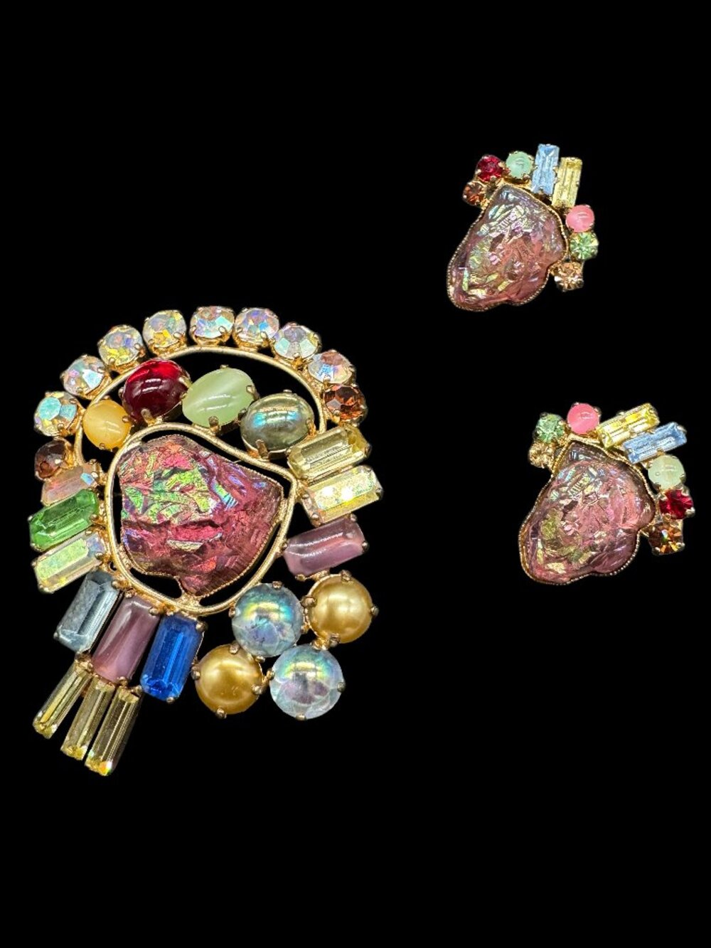 Vintage Brooch & Earrings Set Germany Otto Muller Signed Stones Multicolor